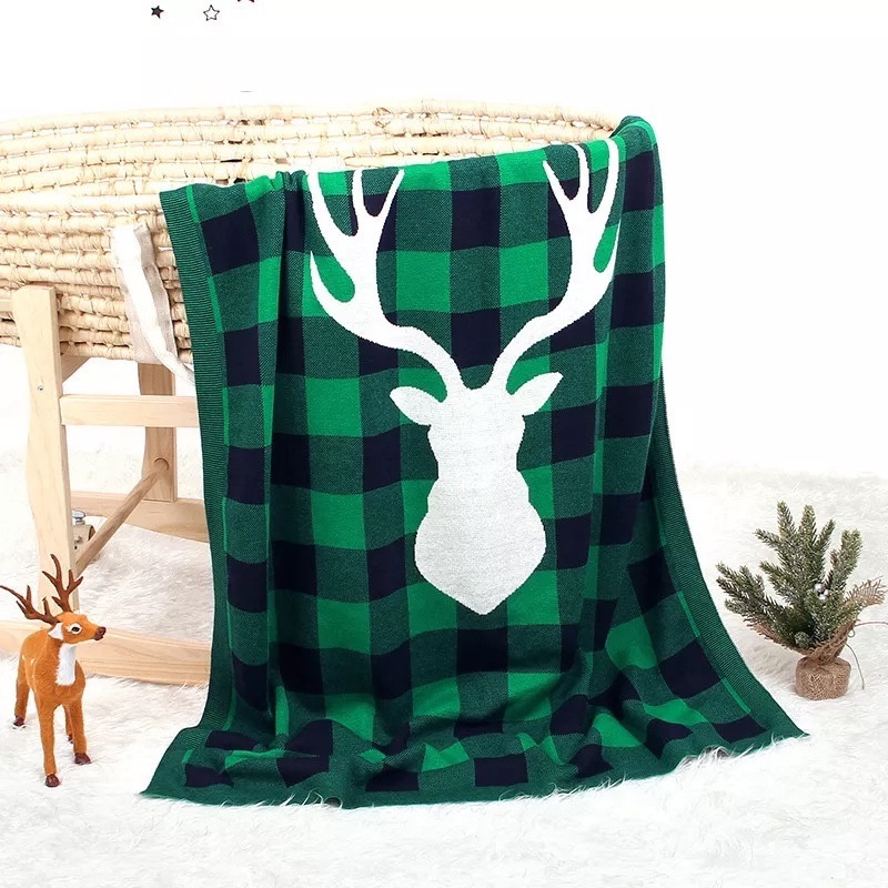 Deer Classic Grid Cotton Knitted Baby Blanket 100x80 cm